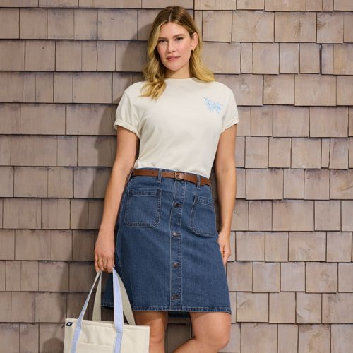 Jupe Femme Lands' End – Bleu Géométrique, Coton, Ligne A, Taille 18 (très Bon état)